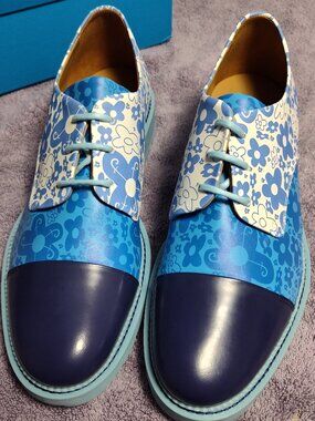 John Fluevog Day Limited Edition Oakland Blue Floral Derby Shoes NIB